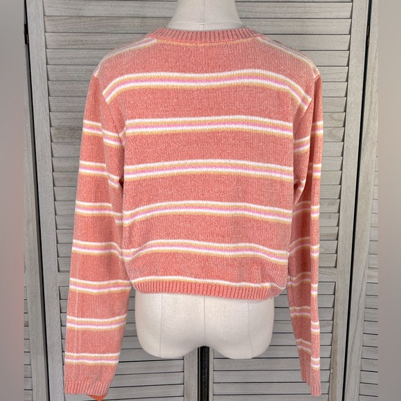 COLSIE Cozy Chenille Sweater Cropped Crewneck Peach/Multi Stripe-Large - Picture 2 of 2